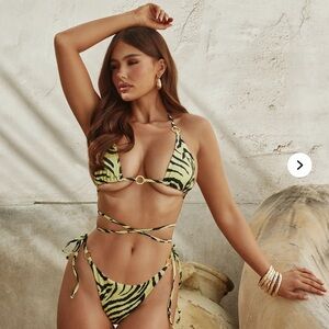 Fashion Nova Zebra Print Bikini in Black and Green